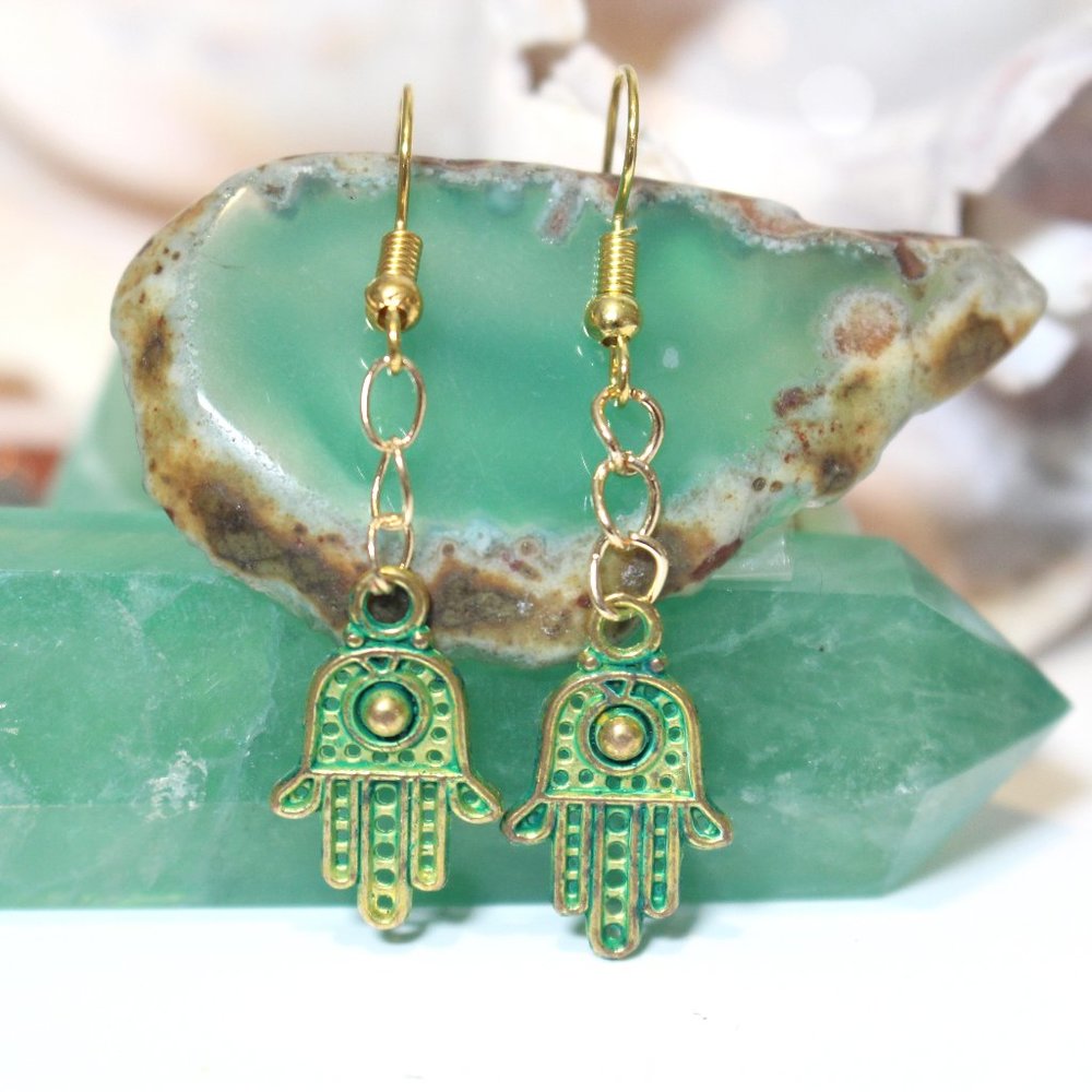 Green & Gold Chain Dangle Hamsa Hand Earrings